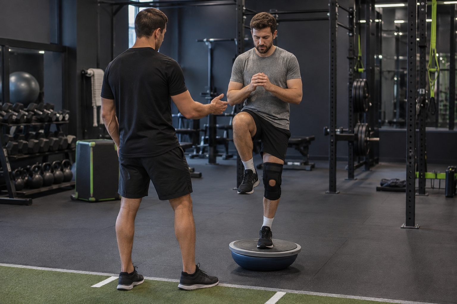 Entrenador guiando desde atrás un ejercicio de equilibrio y readaptación